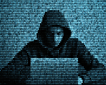 Grainy image of computer code atop hooded hacker using laptop