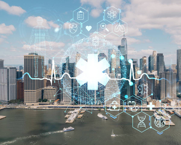 aerial panoramic city view of NYC with holographic healthcare sign in front