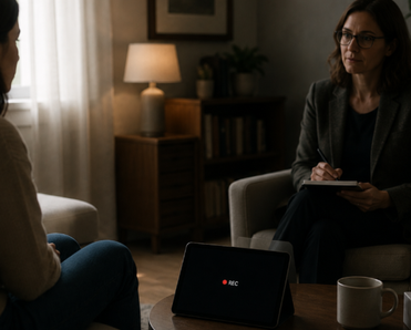 Therapist speaking to patient while her tablet records.