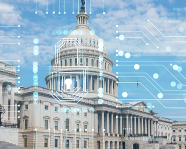 Capitol Hill building exterior with cybersecurity hologram concept overlay