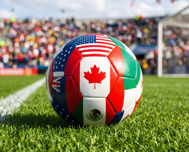 Football world cup soccer ball decorated with flags of 2026 hosts on green soccer field