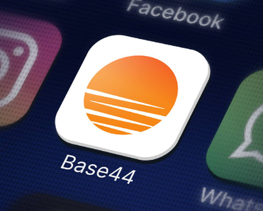 Closeup of Base44 app icon on smartphone screen
