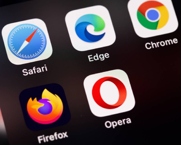 Closeup of browser apps for Safari, Edge, Chrome, Firefox, and Opera on smartphone
