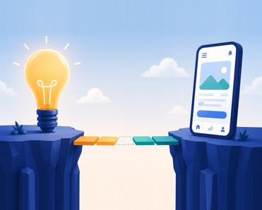 Illustration of a light bulb and a smartphone on opposite cliffs connected by a partially built bridge, representing the gap between having an app idea and building it.