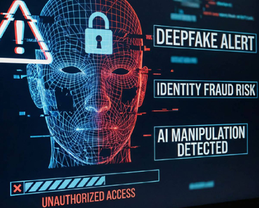concept of AI generated face on holographic screen with text "deepfake alert," "identity fraud risk," and "AI manipulation detected"