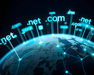 domain names .net and .com hover above a digital globe with network connections