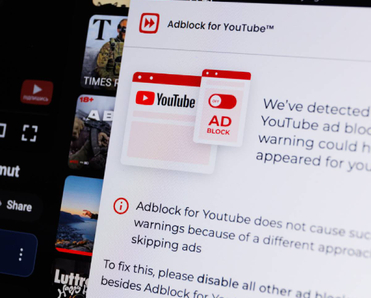 Adblock warning from Adblock for YouTube Chrome browser extension on desktop 