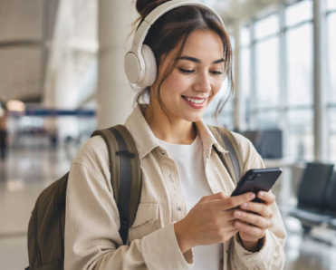 Female traveler in airport terminal using smartphone