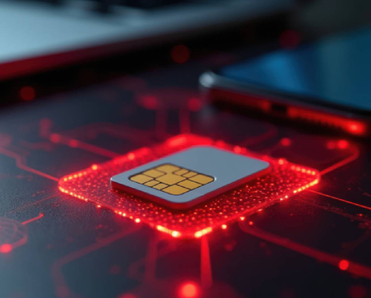 SIM card on glowing red circuit board with laptop and phone