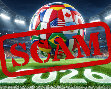 Soccer ball with the flags of the world on it, representing the FIFA world cup, and the word 2026 underneath. Overlain is the word "Scam".
