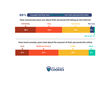 Bar charts showing that 68% of people feel they have little to no control over their personal data online, and most users report at least some anxiety about their online footprint.