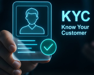 Hand holding transparent KYC card with profile and checkmark