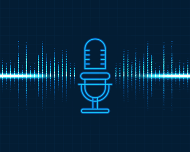 Glowing neon microphone with dynamic audio waveform and particle sound signals on dark blue grid background.