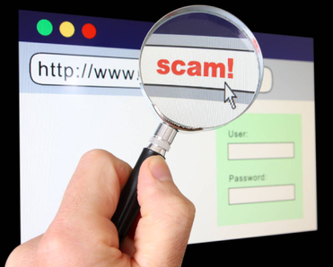 Magnifying glass showing scam in web page URL