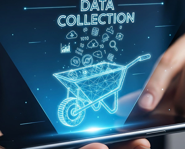 Hands holding a smartphone that projects a hologram of a wheelbarrow being filled with data icons.