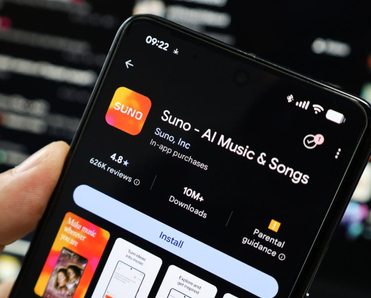 Hand holding cellphone with Suno app download page open.