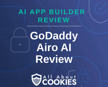 A blue background with locks and the text "GoDaddy Airo AI Review"