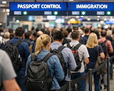 Long queue of passengers at airport passport control and immigration checkpoint.