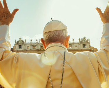 Behind-view of the pope addressing a crowd of people.