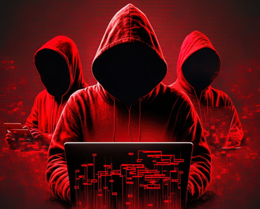 Faceless hackers in red shadows using laptops.