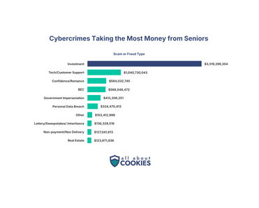 Bar chart of cybercrimes taking the most money from seniors by total losses. Investment fraud dominates at $3.52 billion, followed by tech/customer support ($1.04 billion) and confidence/romance ($584 million). Source: 2025 FBI Internet Crime Report.
