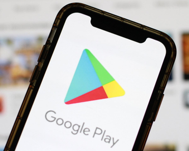 Google Play Store logo displayed on a smartphone screen with a blurred digital marketplace interface in the background.