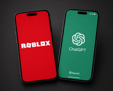 Two phone screens with Roblox and ChatGPT logos.