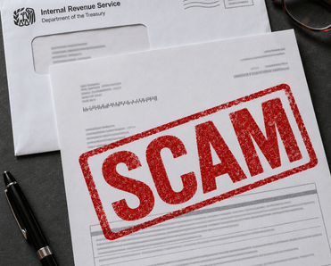 Letter addressed from the IRS with bold red SCAM stamped across it.