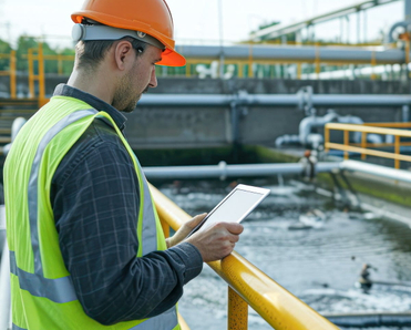 Environmental engineer in a reflective vest inspecting a wastewater treatment plant with a digital tablet.