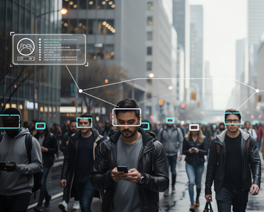 Crowd of people walking through a city street, with digital facial recognition overlays highlighting their faces.