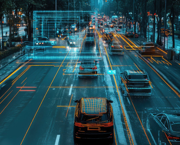 A road with cars being scanned by a license plate reader.