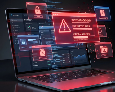 Laptop showing a critical system lockdown alert with red glowing warning windows.