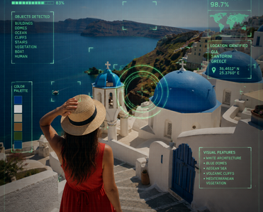 Woman poses in front of Italian scene with AI text analyzing location.