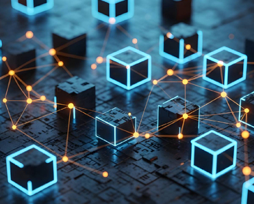 Abstract digital network of interconnected glowing data blocks representing blockchain technology and decentralized information systems