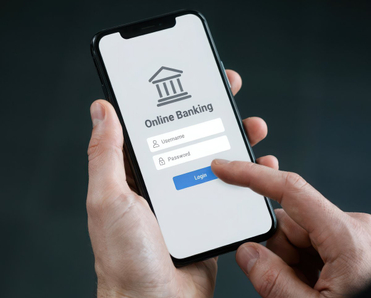 Person holding a smartphone with an online banking login page on the screen.