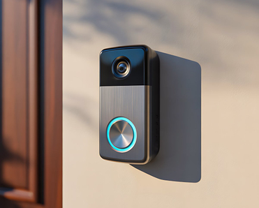 Smart video doorbell installed beside residential front entrance door.