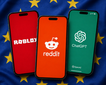 Three phone screens with Roblox, Reddit, and ChatGPT logos over the EU flag.