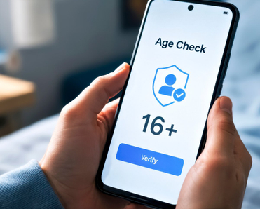 Hands Holding a Smartphone, Pop-Up Age Verification Window with Text is Displayed on Screen.