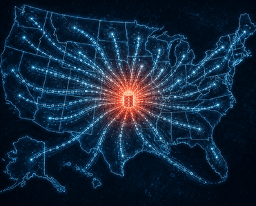 Map of the united states connected by data lines flowing to a central database.