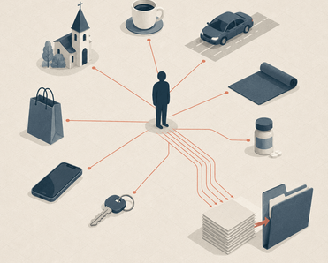 A person stands in the middle of connections to their daily lives, all flowing to a central dossier.
