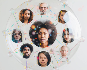 Clear sphere featuring diverse people's portraits connected