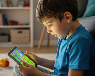 A young boy playing Minecraft on a tablet sitting on the floor