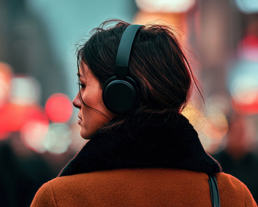 Woman wearing headphones in city at night.