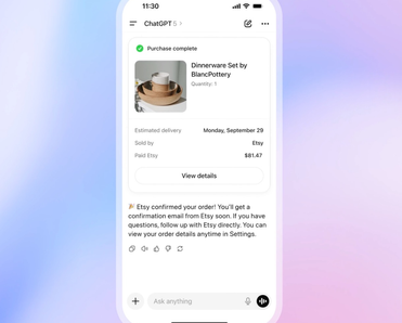 Screenshot of ChatGPT Shopping demo making a purchase right in the chat.