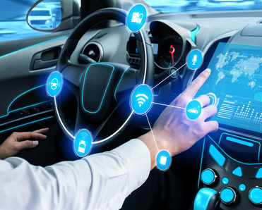 Driverless car interior with futuristic dashboard for autonomous control system.