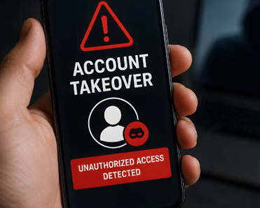 Person holding phone with message "account takeover, unauthorized access detected" onscreen