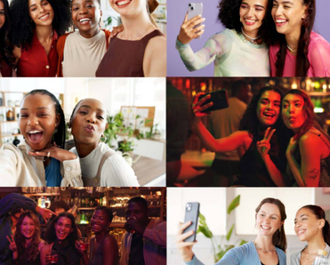 A collage of six photos taken from camera roll of selfies and team pics