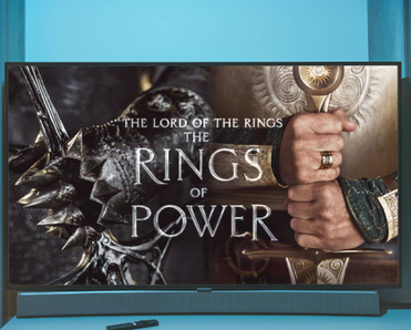 Smart TV displaying 'The Lord of the Rings, The Rings of Power' with blue background