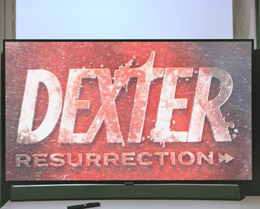 Flat screen TV showing Dexter Resurrection title screen in a dark room with curtains and TV remote on cabinet