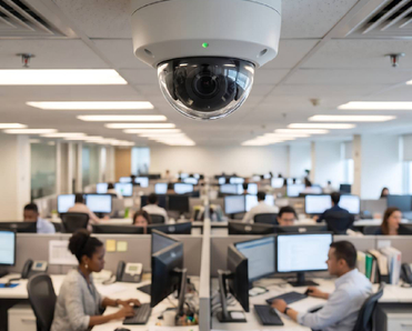 Professional security dome camera installed on office ceiling monitoring open plan workspace with diverse team of employees working at computers in background